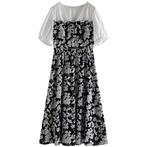 Single bundle large size womens fake two-piece V-neck floral dress summer new style slightly fat MM high-waisted A-line printed skirt