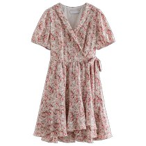Single-bundle plus size womens wrap-style V-neck floral dress womens summer high-waisted slimming tea break dress