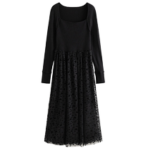 Single bunch large size French square neck sweet stitch stitching dress womens slim slim mesh skirt