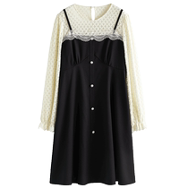 One-piece large size contrasting fake two-piece dress for women in autumn and winter slightly fat MM apple-shaped hip-covering slim and sweet mid-length skirt