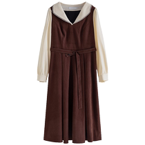 Single bundle plus size womens contrasting color sweet doll collar dress winter new style retro style mid-length skirt