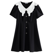 Single-bunch plus size womens French black Hepburn style dress 2024 summer new contrast butterfly collar skirt