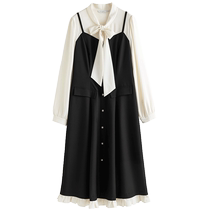 Long and short style] Single bunch large size retro fake two-piece splicing dress spring slightly fat MM high waist slimming A-line skirt