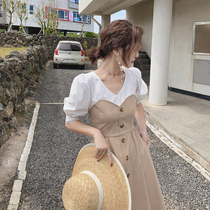 Fake two-piece stitching dress Mori Hepburn style can salt sweet fairy tale style British date small skirt Hong Kong flavor