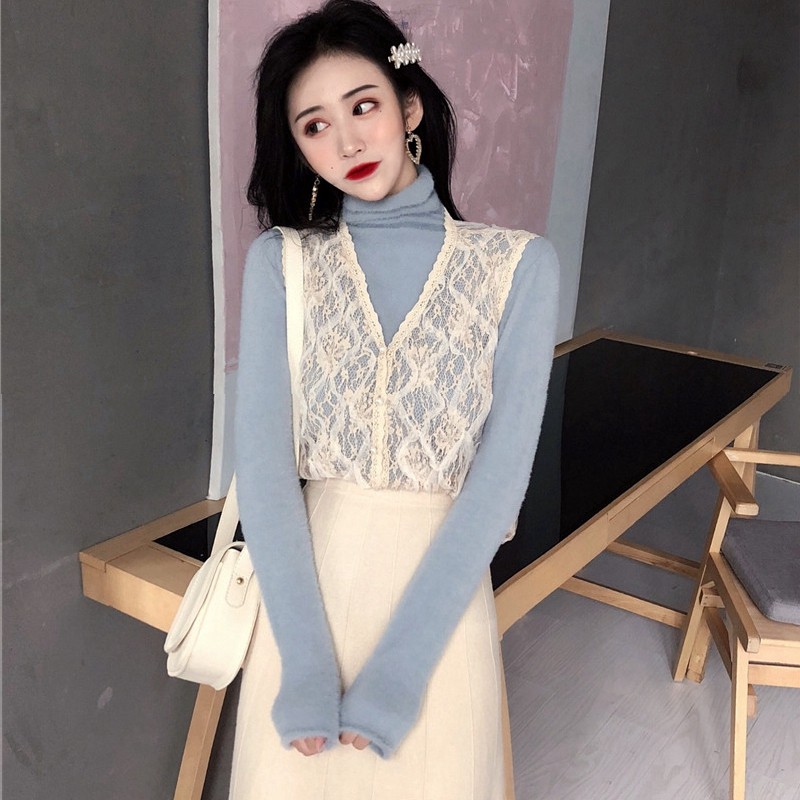 High-end Big Cards Withdrawal European Station European Goods Korea East Gate Brand Vest High Collar Knit Half Body Dress Three Sets