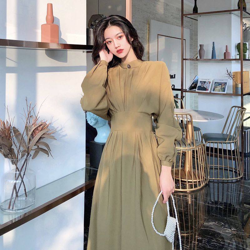 High Cold Brother-in-law Style Vintage Collection Waist Temperament Goddess Fan Round Collar Foreign Dress 2022 New Women's Dress Fall