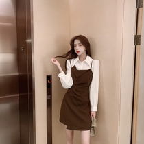 Autumn 2021 New Korean version of retro Joker long sleeve shirt waist suspender dress two-piece light mature wind