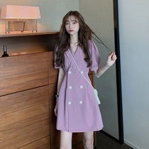 French retro girl Platycodon Heben style super fairy double-breasted suit skirt Net red pop short-sleeved purple dress