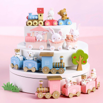 Baked cake decoration cartoon version of small train bear decoration Castle playground decoration creative dessert table plug-in