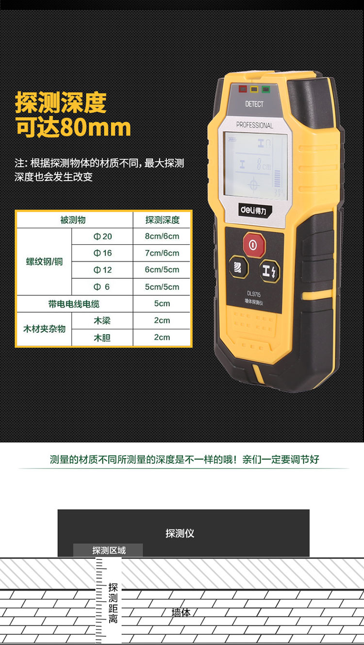 得力工具多功能金属探测器探测仪木材电缆墙壁电线墙体检测仪