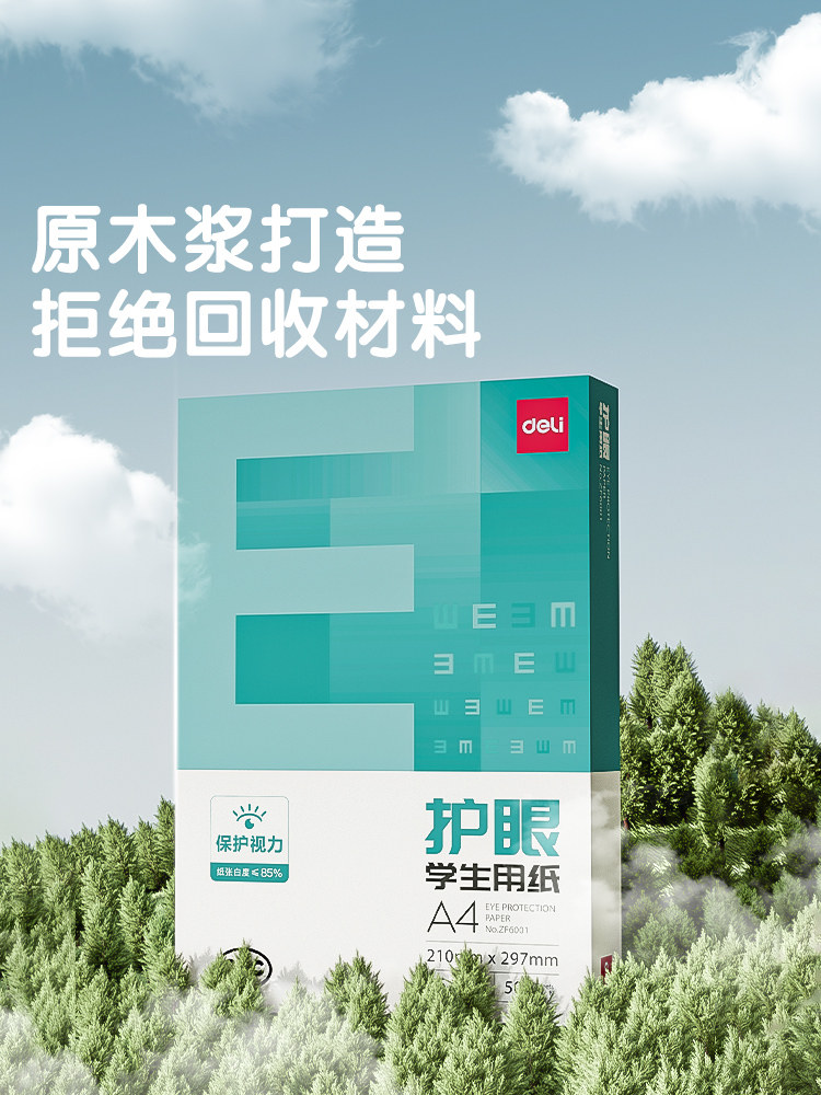 Deli Eye-Protection Paper A4 Paper, Copy Paper, Double-Sided Printing A4 Printing Paper, Student Office Paper, 75g Pure Wood Pulp, Whole Box of 5 Packs, 500 Sheets, Draft Paper, Exam Practice Printing, Kindergarten A4 Paper