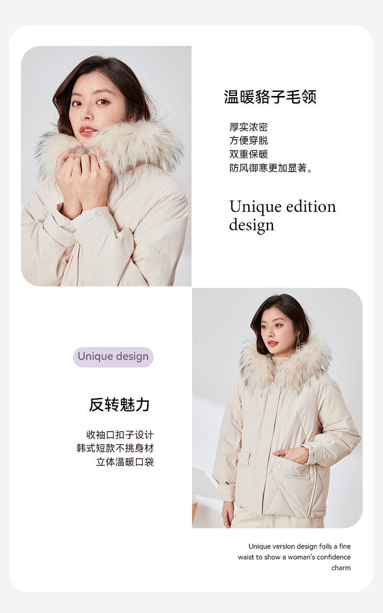 冰洁 22年秋季款 貉子毛领 女式短款连帽羽绒服 双重优惠折后￥199包邮 4色可选
