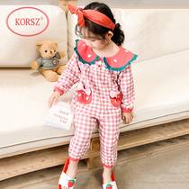 Childrens pajamas girls spring and autumn pure cotton long-sleeved suit thin section big child princess little girl plaid home clothes summer