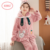 Childrens pajamas Womens autumn and winter coral velvet thickened plus velvet girls princess middle and large childrens flannel home clothes set