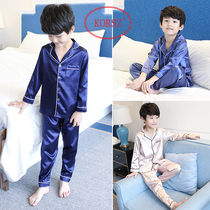 Childrens pajamas boys summer thin long-sleeved ice silk suit silk medium and large boys air-conditioned home clothes summer