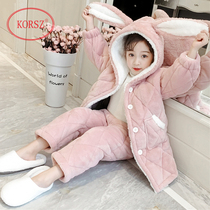 Childrens pajamas Womens winter coral velvet thickened plus velvet three-layer padded girls warm flannel home clothes set