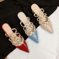 Fashion 100 hitch pointed high heel shoe rivet Baotou Semi-slipper Female Outer wear net red lacquer leather coarse heel large code cool tug damp