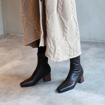 Square root fit shoes children High heel square head small short boots Korean version coarse heel skinny skinny slim stretch boot