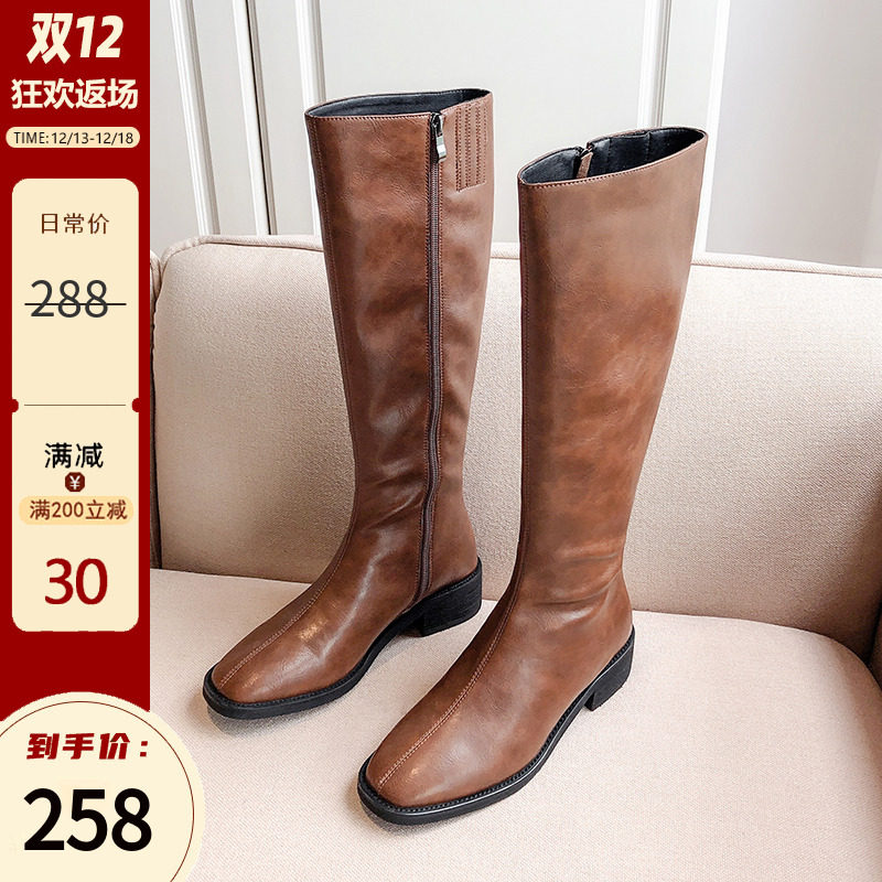 Boots women's 2021 autumn and winter British small mid-tube boots winter plus velvet thick heel brown knight boots straight slim