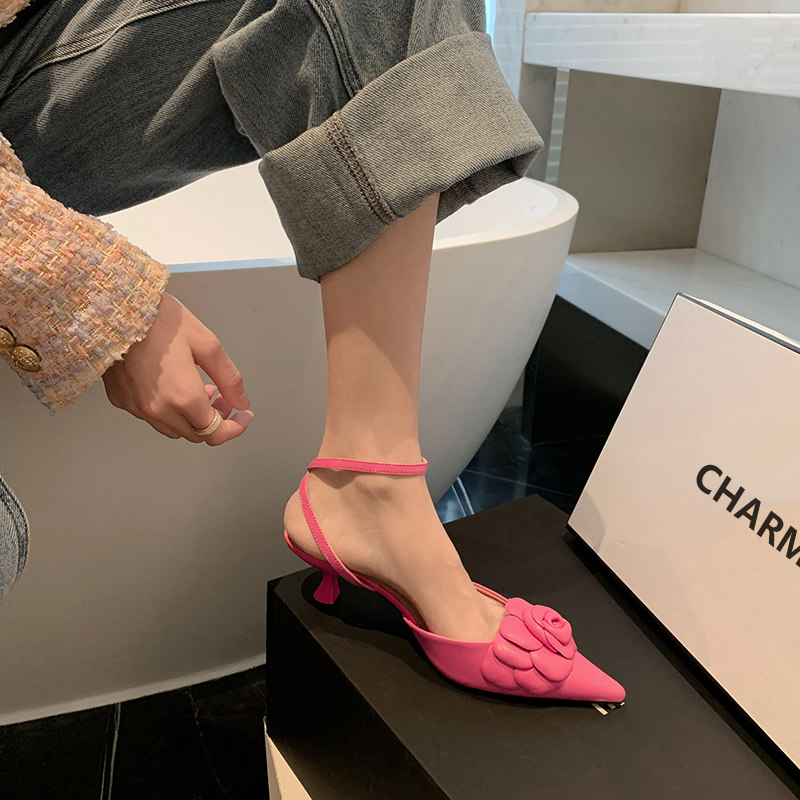 Madame Shuangsong Madame Baotou sandals women's fairy Wind rose Mountain tea Flower Small and fragrant after wind and red fine heel high heel shoes