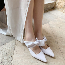 (Double Song) cat heel mesh red half slipper female outwear in heel Mueller white Baotou without heel Mueller