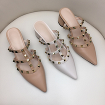 Baotou Half slipper female outwear genuine leather net red half-toSingle shoe coarse heel 100 lap rivet full cow leather Mueller shoes