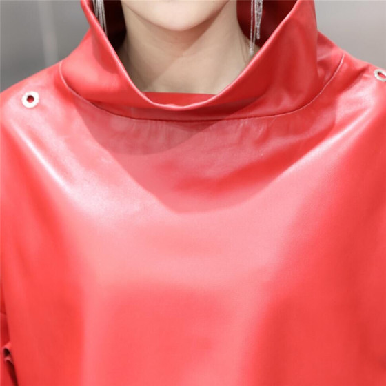 娃娃服女春季新款绵羊皮红色皮衣高领皮夹克真皮韩版喇叭袖短外套