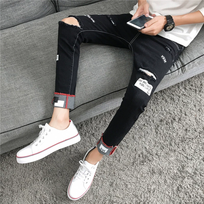 Mùa hè quần đen cắt quần nam rách quần jeans nam sinh viên Hàn Quốc phiên bản tự tu dưỡng quần co giãn đẹp trai - Quần jean