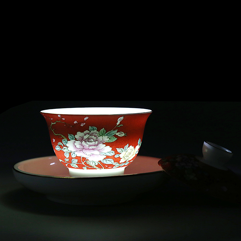 Jingdezhen Ceramic Pickpocketing Flower Lid Bowl Green Flower porcelain Three-only cover Bowl Enamel Color Tea Cup Big Number Utilita Tea Tea Tea Bowl