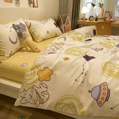 ins Wind cotton bed four-piece cotton 100 sheets quilt cover net red same three-piece bed hats bedding