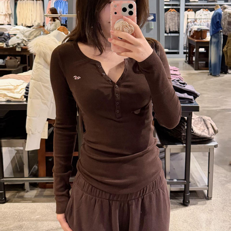 Little Seagull Henry Shirt with Buttons Inside, Slim Fit, Slimming Knit Top, Red Label Long-Sleeve T-Shirt, Base Layer Top for Women Little Seagull Henry Shirt with Buttons Inside, Slim Fit, Slimming Knit Top, Red Label Long-Sleeve T-Shirt, Base Layer Top for Women