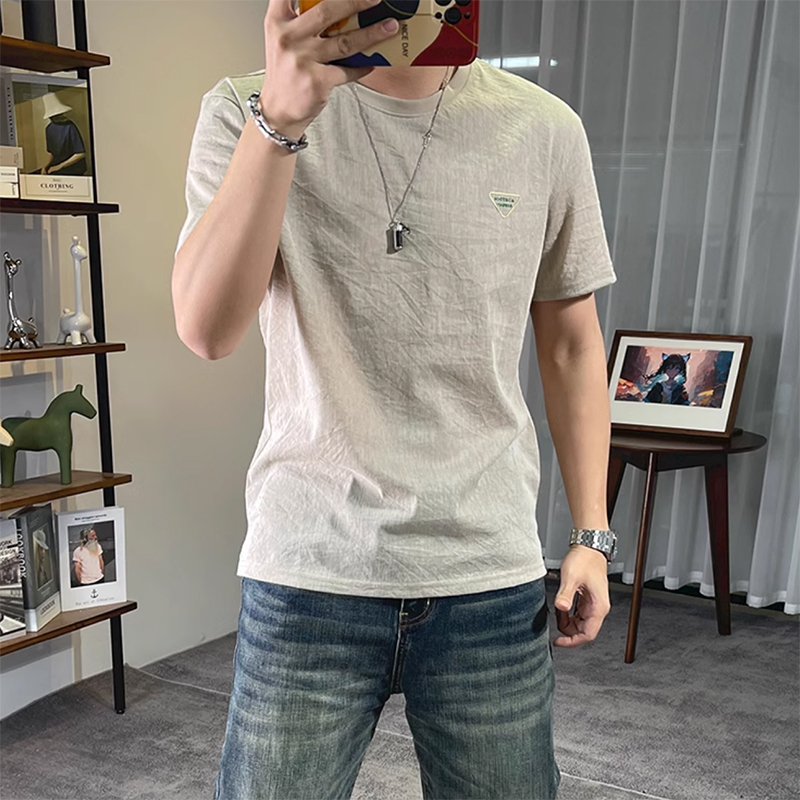 Ice Silk Cotton Linen Short-Sleeve T-Shirt for Men, Round Neck, Light Luxury Trendy Brand with Triangle Logo, Casual Linen Top for Young Men