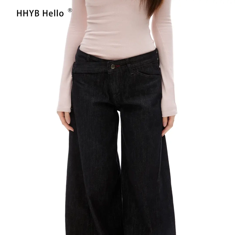Hhyb Hello2025 New Low-Waist Loose A-Line Washed Original Color Denim Long Pants for Women Q254337