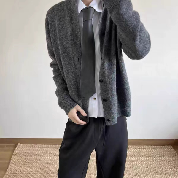 Never Iwtff "Lin Yusen's Style" Old Money Wool Blend Cardigan Sweater Men's Textured Knitwear