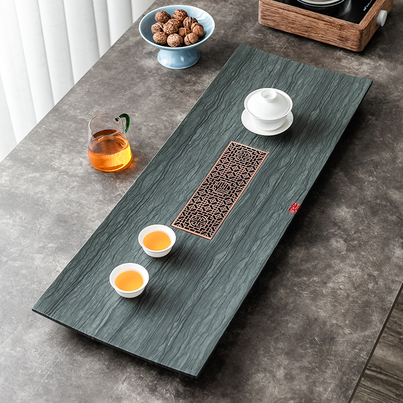 Wood grain stone whole Wujin stone tea tray Chinese rectangular drainage tea table simple stone household tea sea tray