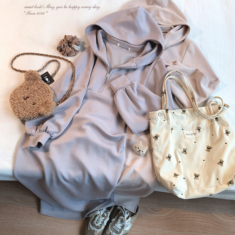 Final Stock Gr* Solid Color Simple Hooded Sweatshirt Dress Casual Everyday Versatile Zip-Up Dress