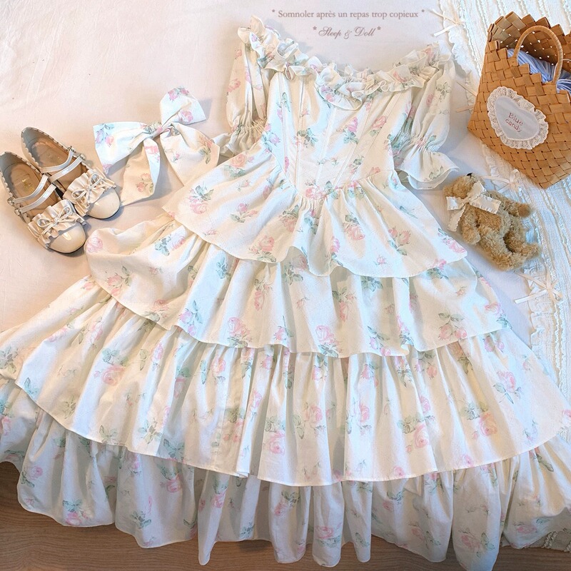 Last Stock Lsm Vintage Elegant Floral Print Layered Cake Waist-Cinching Court-Style Dress