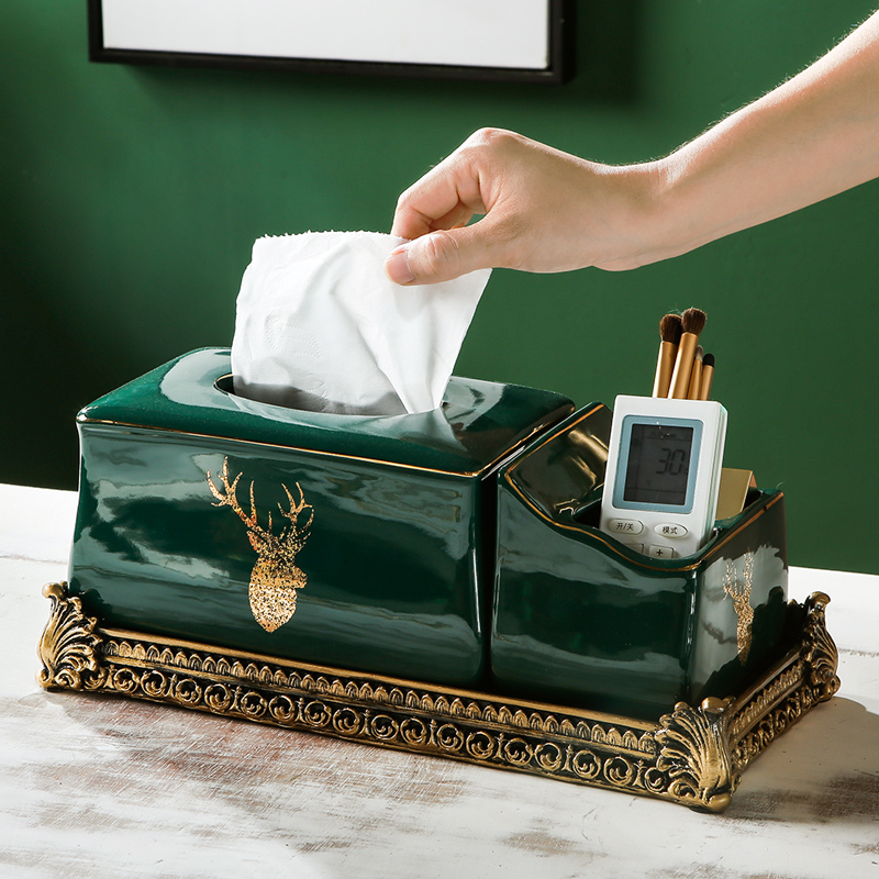 Emerald tissue box Living room toilet paper box Remote control storage box Multi-functional light luxury European creative new Chinese porcelain