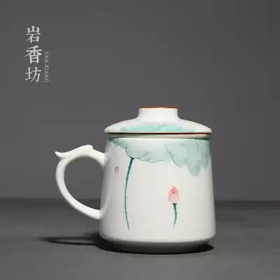 Yan Xiangfang hand-painted powder green lotus tea cup fresh water Cup ceramic home office mug with filter tea cup