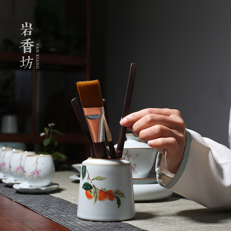 Yanxiangfang Ru kiln moon white persimmon tea ceremony six gentlemen solid wood kung fu tea set accessories tea pen tea clip