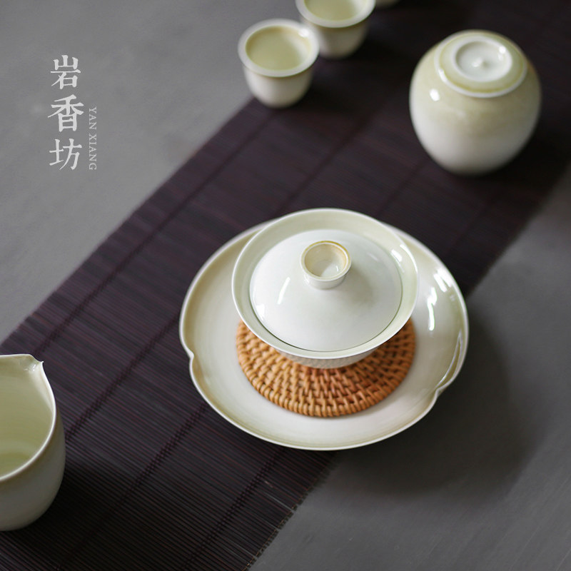 Rock Shangfang Grass Wood Grey Glaze three-only cover Bowl Artisanal ceramic Grass Grey Kung Fu Tea With Lid Cup Tea Lid Bowl