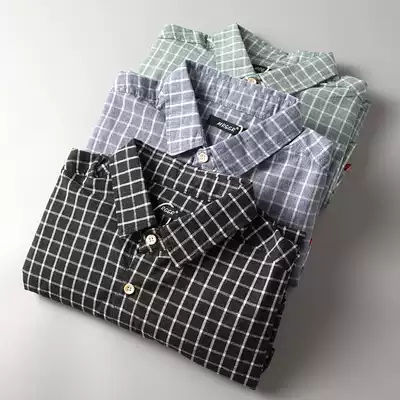 Foreign trade day single autumn and winter men's slim body washing pure cotton classic plaid pocket tooling casual long sleeve shirt men