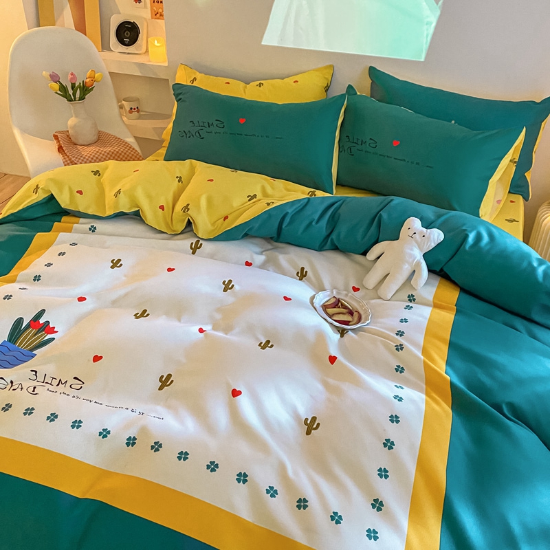 Bed sheet four-piece set quilt cover bed quilt cover spring and autumn winter washed cotton brushed Hepburn style cartoon ins