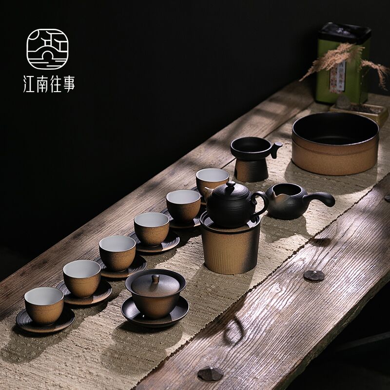Jiangnan past tureen tea set fu jade and coarse ceramic kung fu tea set household Chinese teapot set