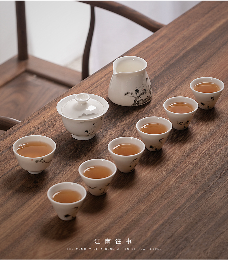 Jiangnan past high - grade dehua white porcelain kung fu tea set loose crane jade porcelain contracted tureen of pottery and porcelain teacup household