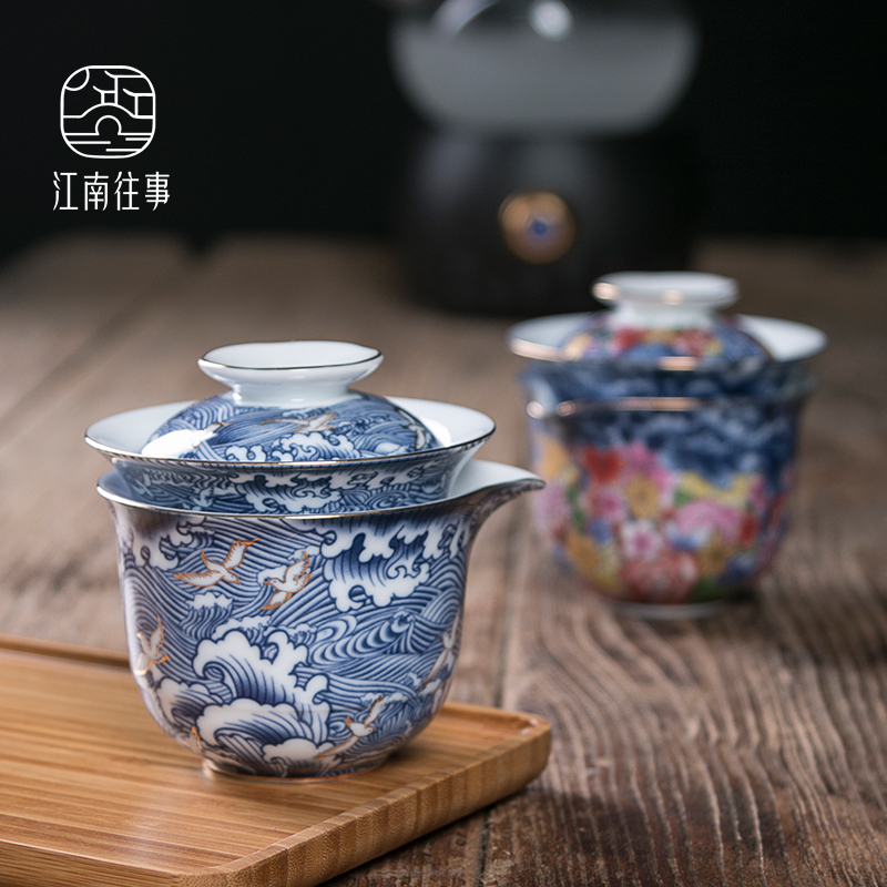 Jiangnan past portable package travel kung fu tea sets household colored enamel porcelain is suing teapot crack cup