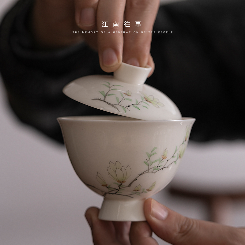 Jiangnan hand draw yulan tureen past pure manual glaze color only white porcelain tureen three cups household single tea bowl