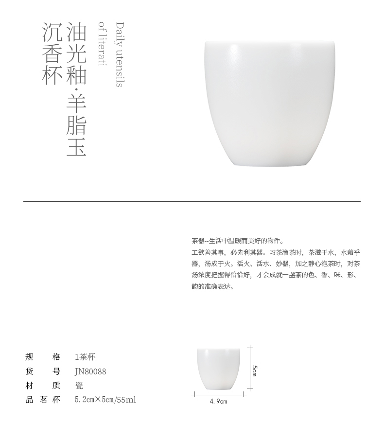 Jiangnan past dehua white porcelain teacup suet jade kung fu tea cups fragrance - smelling cup ceramic tea set master cup single CPU