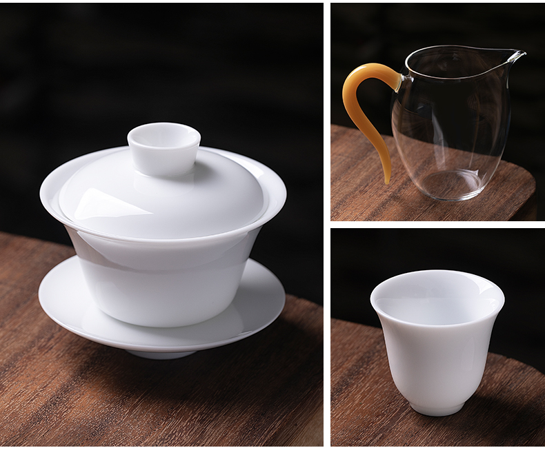 Jiangnan past dehua white porcelain hand - made tureen kung fu tea cups suit office household contracted portable suit