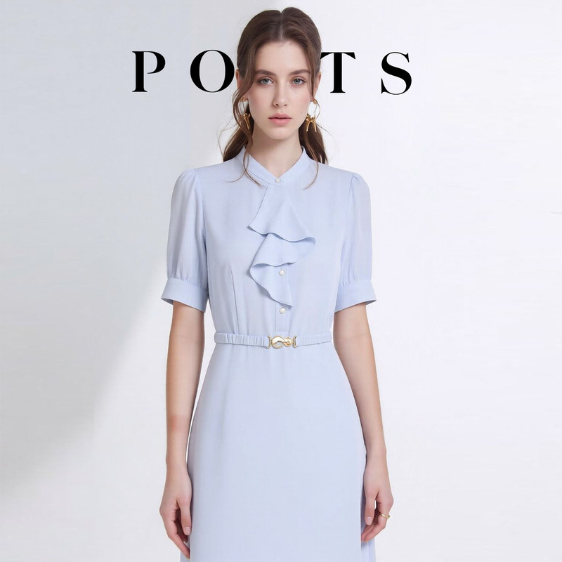 International Top Brand Light Blue Short-Sleeve Dress 2026 French Style High-End Waist-Cinching White-Collar Mid-Length Dress